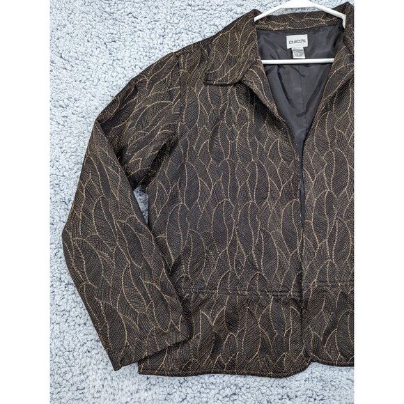 Chicos Metallic Dark Floral Blazer Size 3 / XL Open Front Embroidered Black Gold - Picture 3 of 10